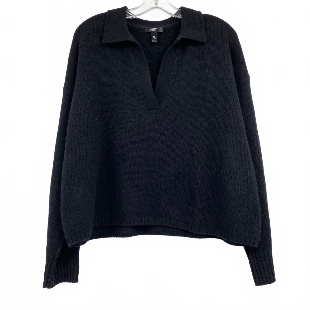 Aqua Black Cashmere Collared V-Neck Sweater | Womens XXL